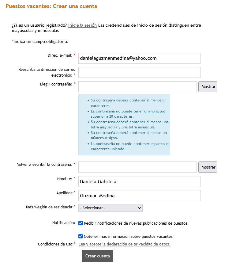 como crear una cuenta para aplicar a vacantes 