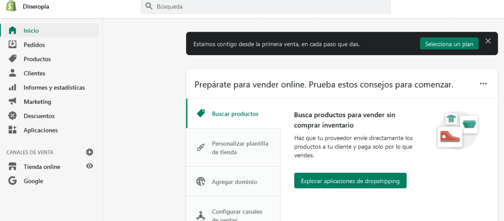 abrir cuenta en shopify para empezar a vender productos sin inventario, dropshipping