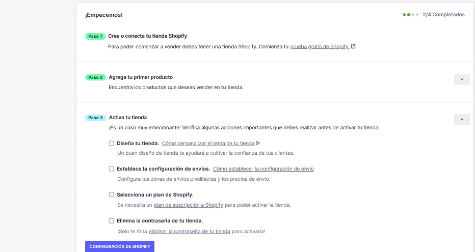 panel de control de oberlo, primeros pasos para empezar a vender