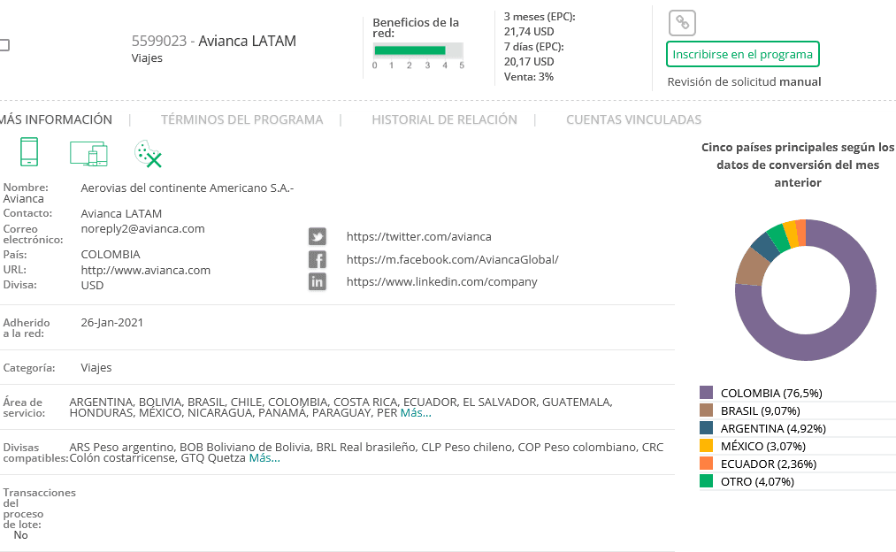 programa de marketing de afiliados de Avianca Dineropia