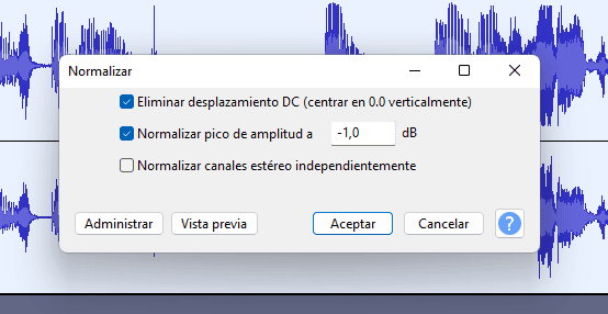 normalizar, efecto en Audacity para mejorar un archivo de voz 