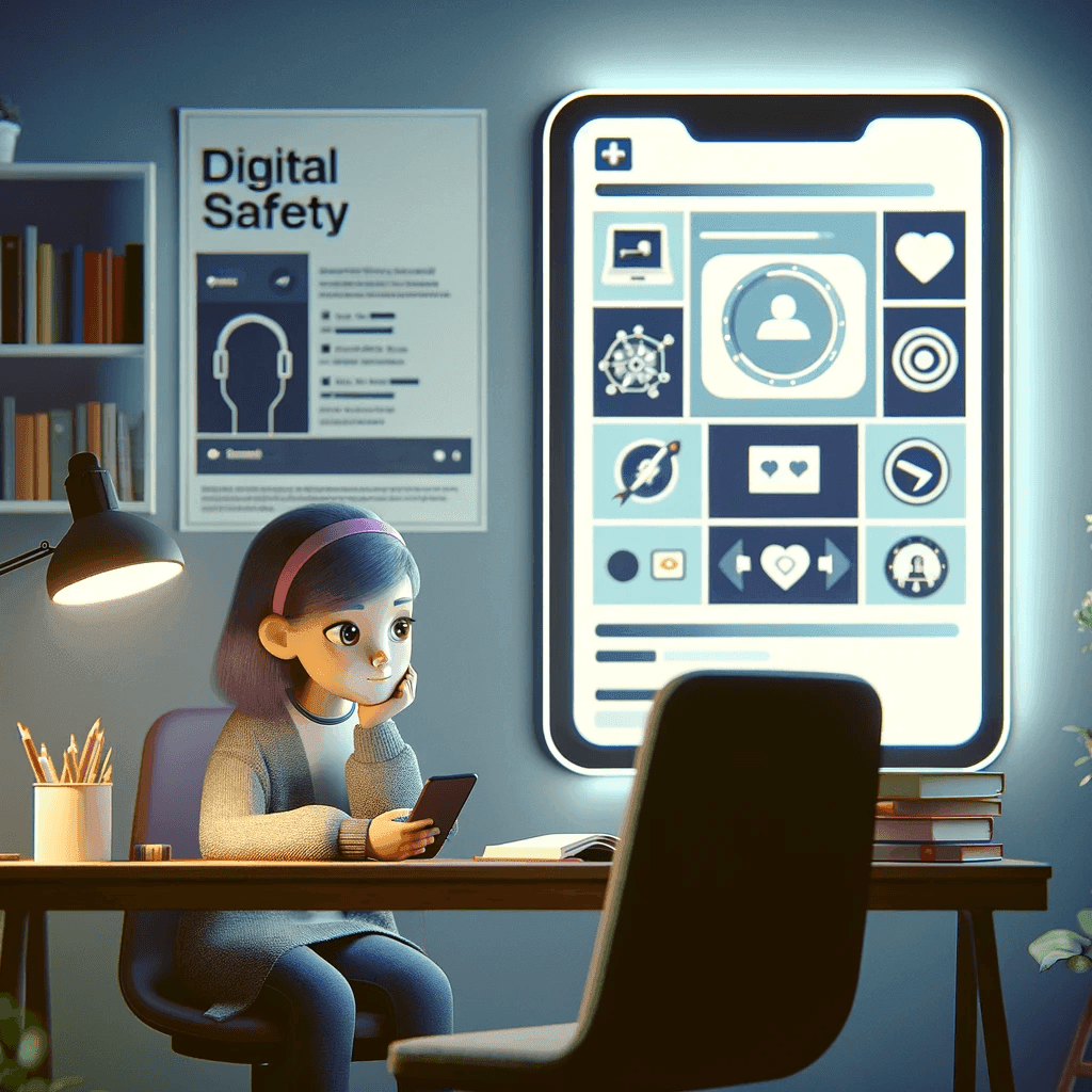 A digital artwork depicting a scene related to social media safety for teenagers. The image shows a teenage girl sitting in her room, looking thoughtf.png restricción de contenidos para adolescentes en Facebook