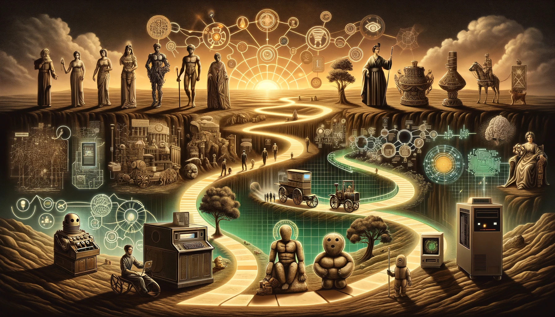 A visual timeline highlighting key milestones in the history of artificial intelligence, starting from ancient myths of mechanical beings like Talos a.webp