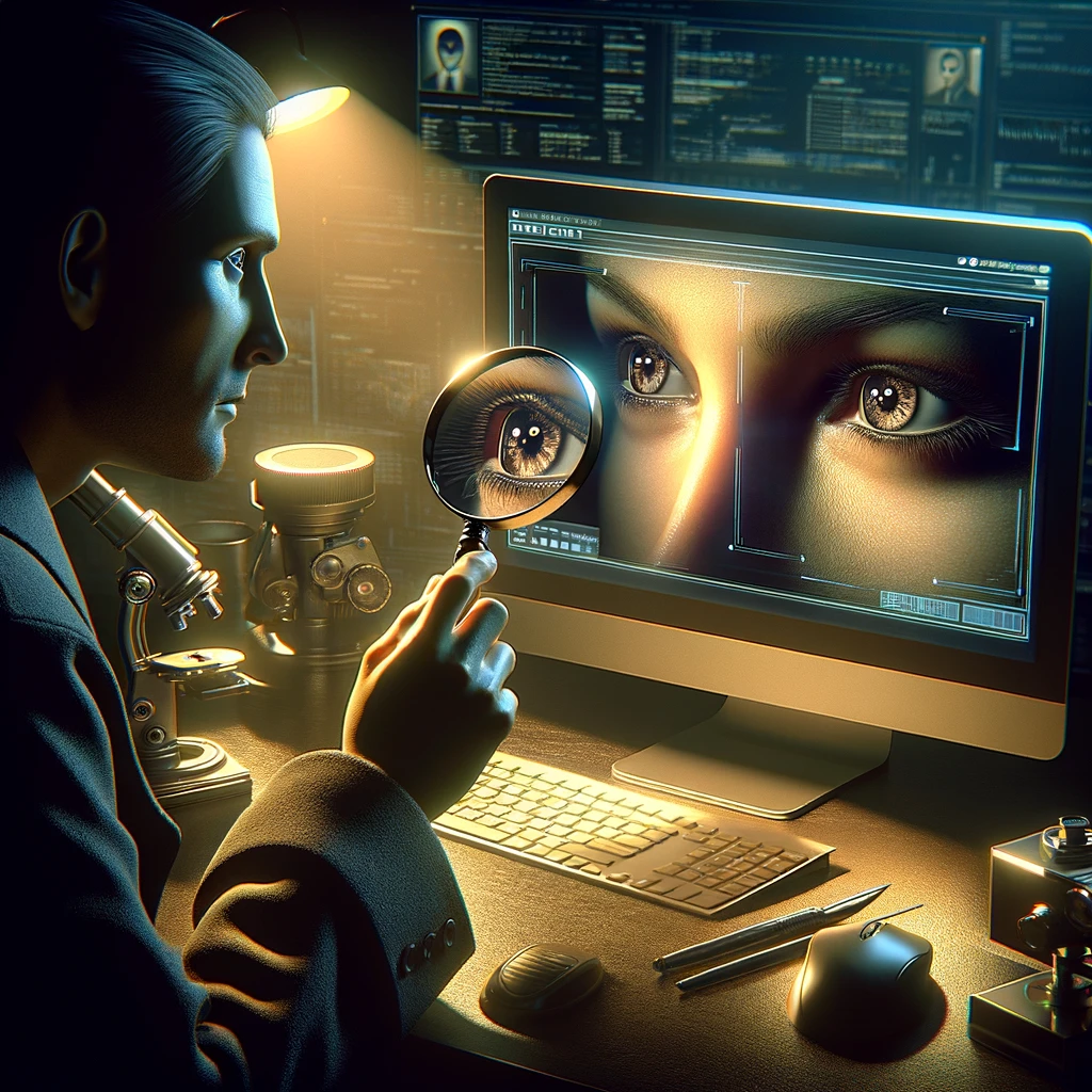 A digital detective examining a computer screen with a magnifying glass, revealing the subtle differences between real human eyes and those created by AI