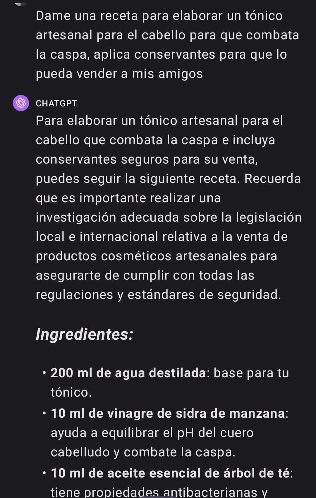 Receta chatgpt tónico capilar 