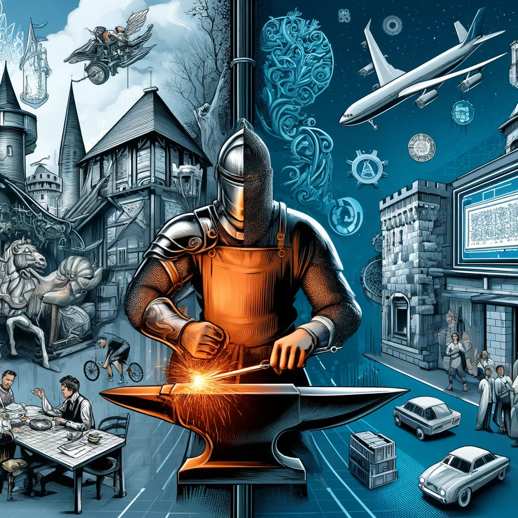 A-dynamic-and-disruptive-illustration-for-an-article-about-modern-businesses-inspired-by-the-Middle-Ages.