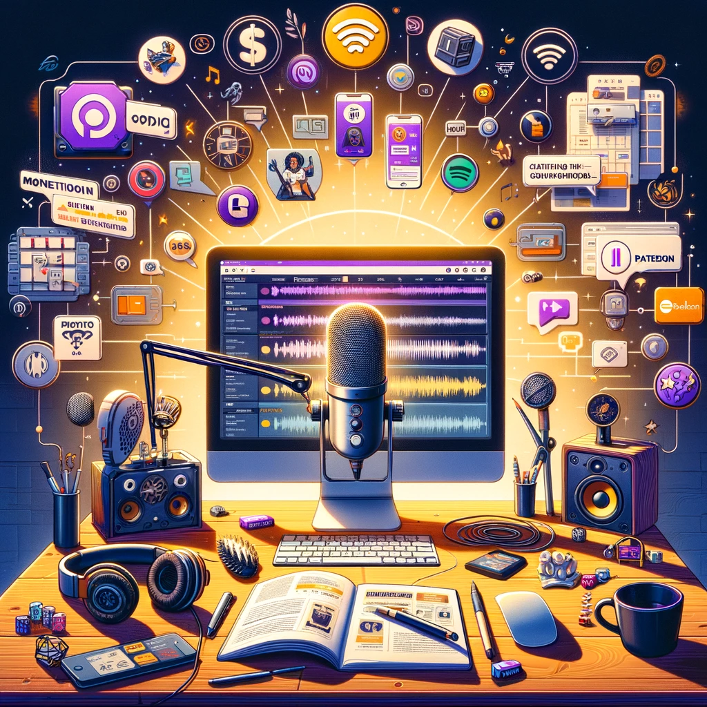 Visualize a scene that embodies the essence of a guide for creating, distributing, and monetizing a podcast in 2024