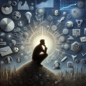 Una imagen más realista que ilustre los diversos desafíos y soluciones en la búsqueda de empleo y el emprendimiento. En el centro, una figura en actitud de reflexión, rodeada de elementos visuales que representen los siguientes temas:nnBúsqueda de empleo y freelance: Iconos de CV, portafolios, plataformas de freelance (Upwork, Fiverr), y un gráfico de fluctuaciones financieras.nSectores emergentes: Imágenes de tecnología (como inteligencia artificial y biotecnología) y cursos online.nEmprendimiento: Gráficos de análisis DAFO, modelos de negocio, y un plan de negocios.nSalud mental: Símbolos de bienestar, como un cerebro relajado, meditación, y apoyo social.nMentoría: Imagen de un mentor guiando a un emprendedor, con notas y planes de negocio en el fondo.nUsa colores que transmitan claridad y esperanza, y asegúrate de que la figura central esté en actitud positiva, mostrando que, a pesar de los desafíos, es posible avanzar con la ayuda adecuada y una mentalidad resiliente.